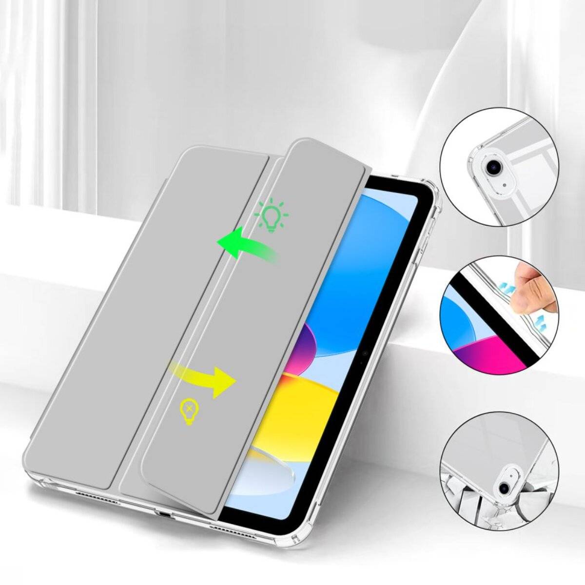 Ein Tablet mit einer Schutzhülle wird gezeigt, die ein Design mit schnellem Zugang zu Kamera und Bildschirm durch Öffnungen und eine Klappe aufweist.