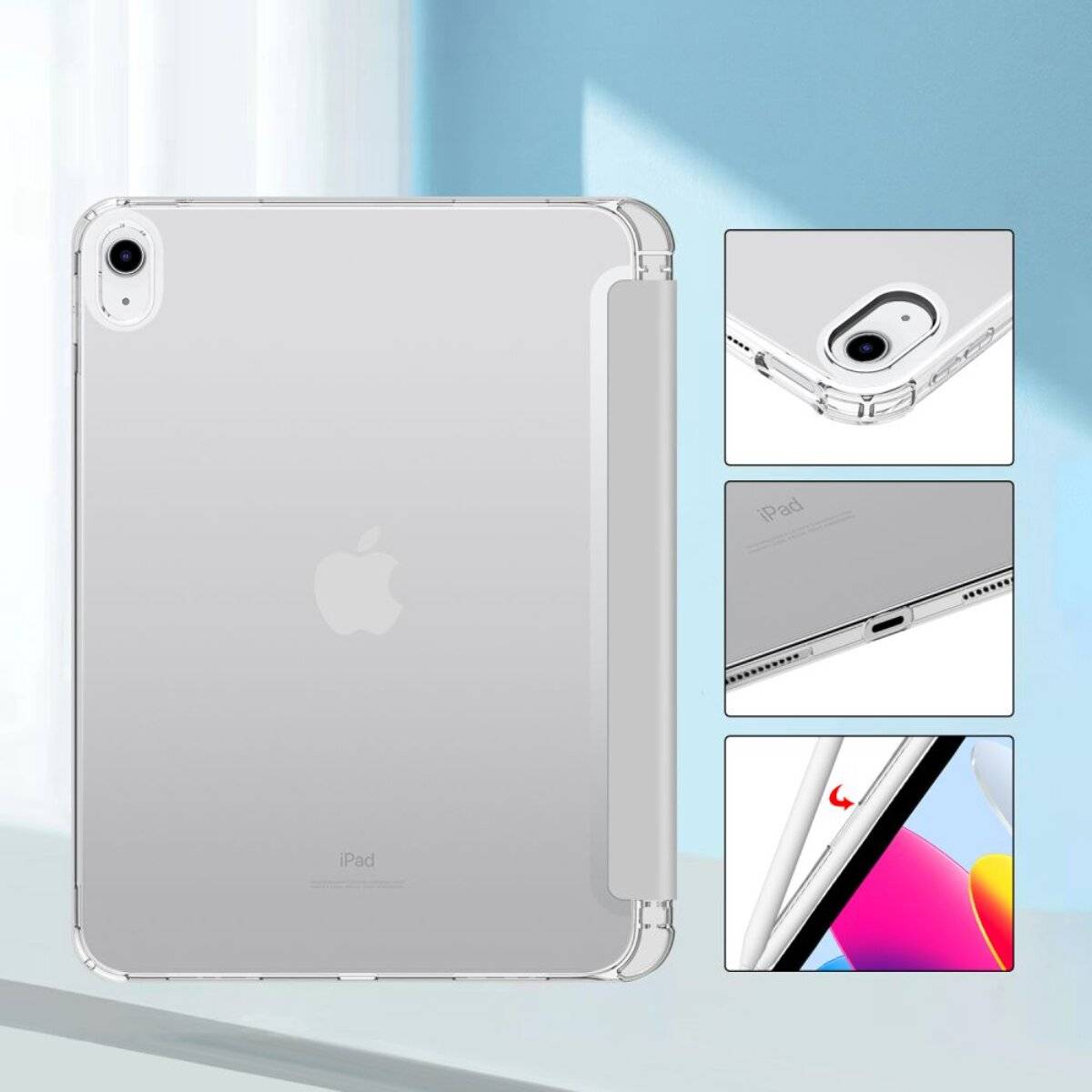 Transparentes Tablet-Schutzetui mit Aussparungen für Kamera, Tasten und Anschlüsse. Es enthält Seitenansicht, Bodenansicht und Details zum Bildschirmschutz.