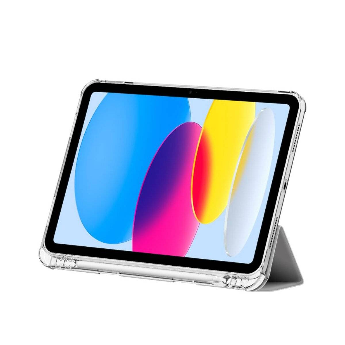 Ein Tablet, das auf seiner Seite steht und eine farbenfrohe abstrakte Tapete mit überlappenden Ovalen in Blau, Gelb, Rosa und Weiß anzeigt.