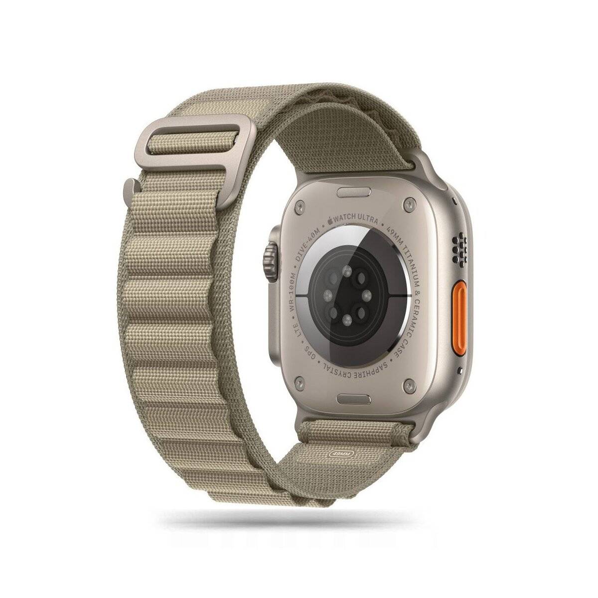 Eine Smartwatch mit silbernem Rahmen und beigem Stoffarmband, mit einer prominenten orangefarbenen Schaltfläche an der Seite, von hinten betrachtet.