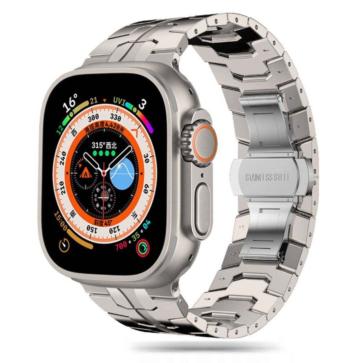 Eine Smartwatch mit Metallarmband, die einen digitalen Kompass, Wettersymbole und Fitness-Kennzahlen wie Herzfrequenz und Aktivitätsringe anzeigt.