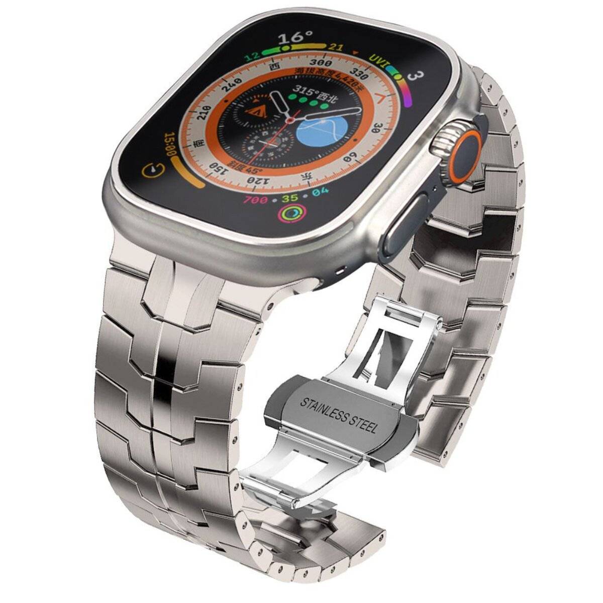 Eine Smartwatch aus Edelstahl mit einem multifunktionalen digitalen Display, das Wetter, Uhrzeit und Fitness-Metriken anzeigt.