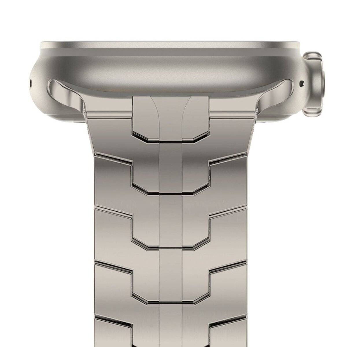 Eine elegante Smartwatch mit Metallgliedband, von der Seite betrachtet, die ihr modernes Design und das Verschlussdetail präsentiert.