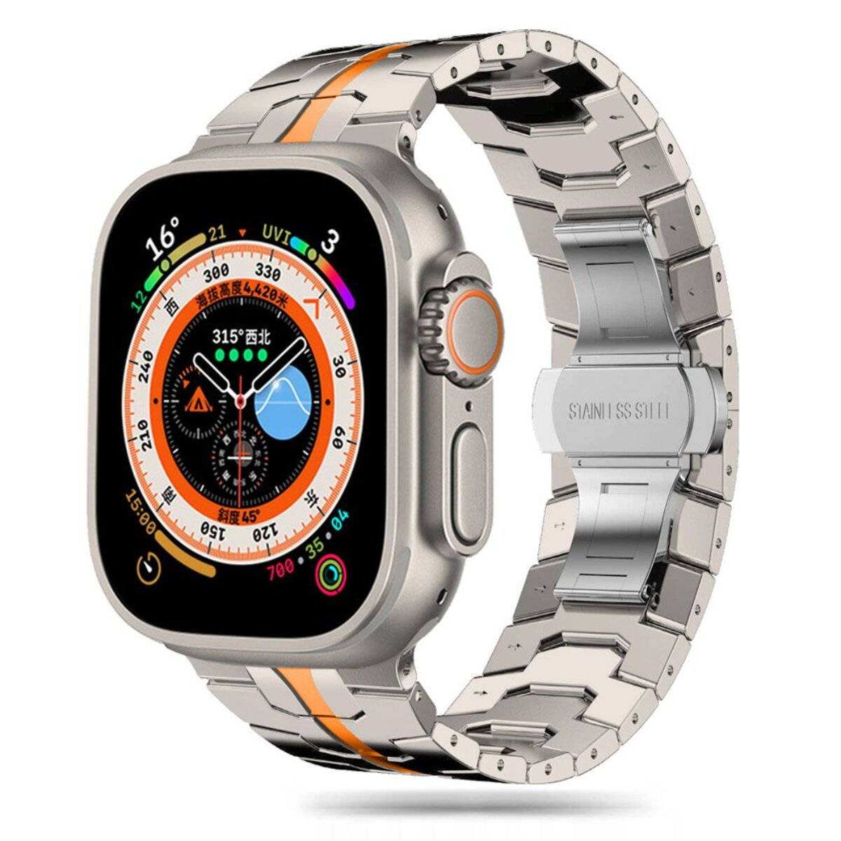 Eine Smartwatch mit Titaniumgehäuse und Metallgliedband zeigt mehrere Zifferblätter auf ihrem Display an, darunter Uhrzeit und Aktivitätsmetriken.