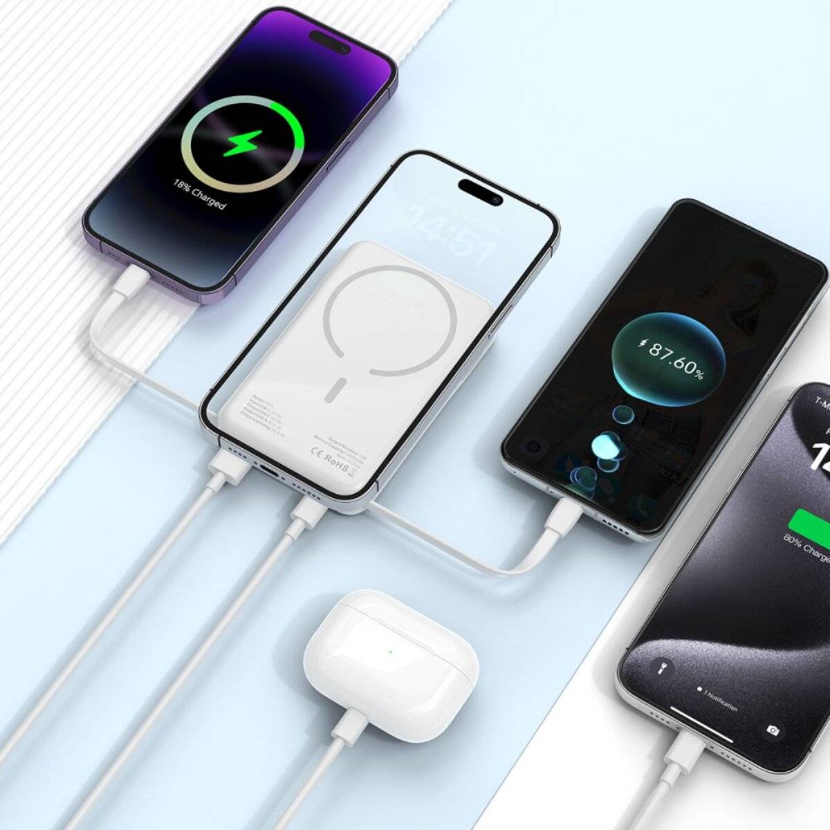 Drei Smartphones laden drahtlos auf, mit Prozentsätzen auf den Bildschirmen angezeigt. Ein Paar Ohrhörer ist über ein Kabel verbunden und zeigt integriertes Laden an.