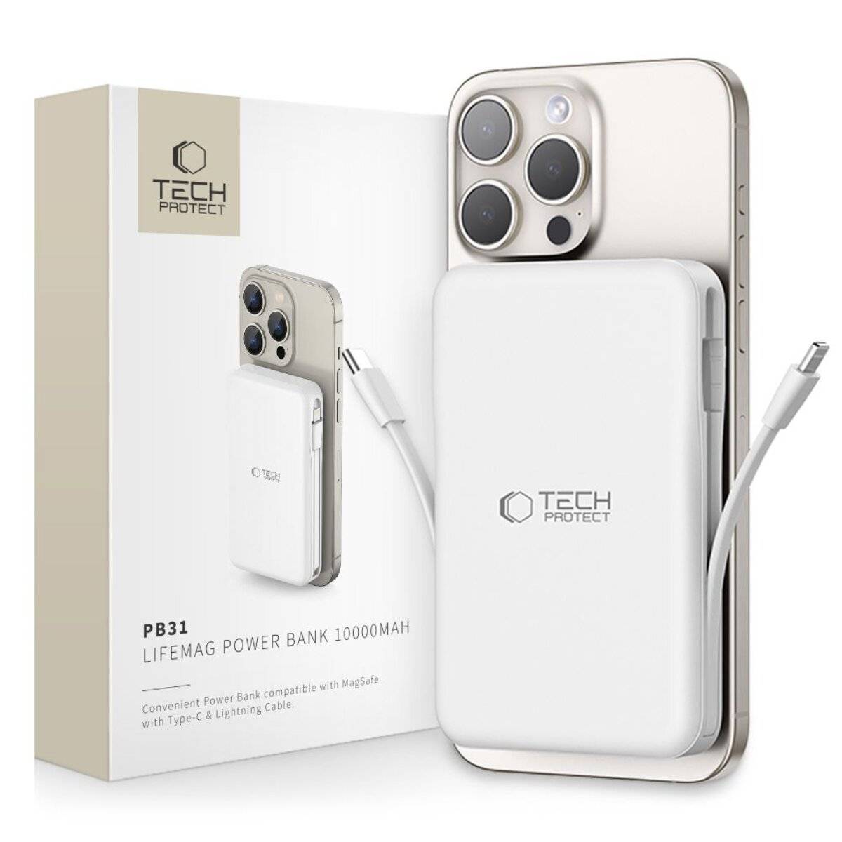 Eine weiße Powerbank mit dem Logo „Tech Protect