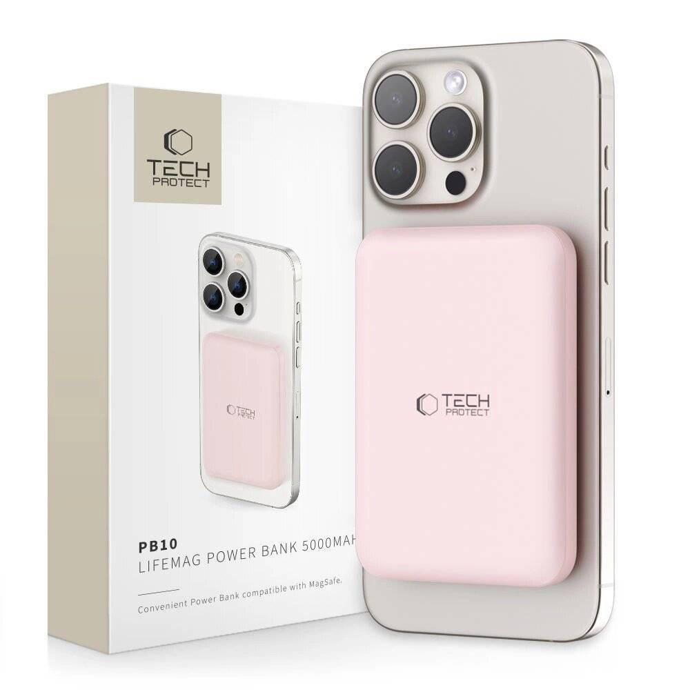 Tech-Protect LifeMag PB10 Powerbank MagSafe 5000 mAh 15 W USB-C-Anschluss – Rosa + USB-C-Kabel