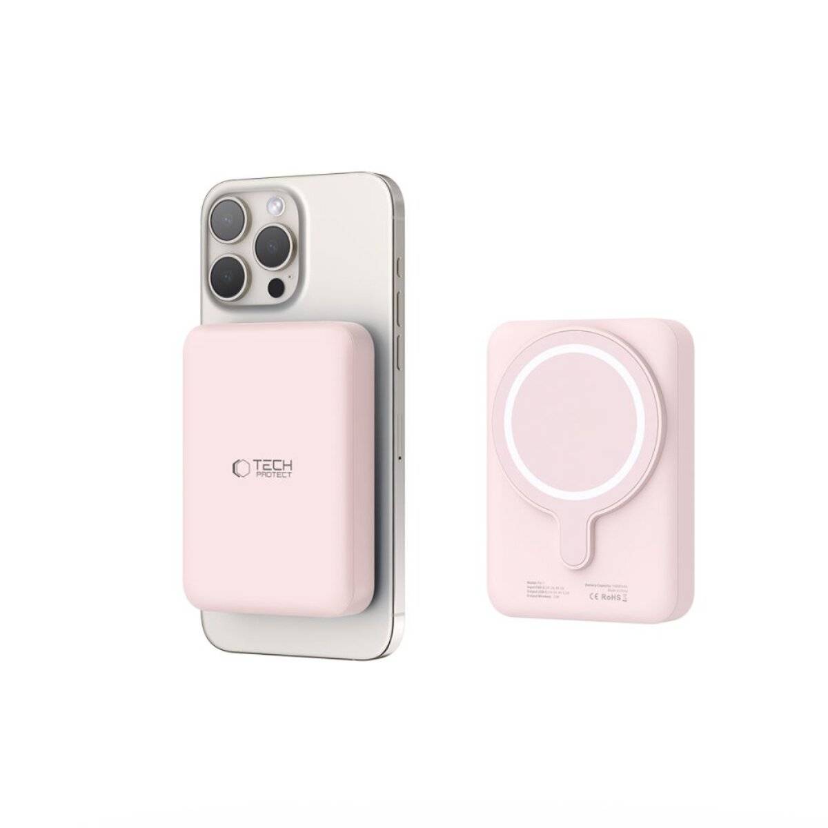 Ein Smartphone mit angebrachter rosa kabellosen Ladebank, das zusammen mit einem separaten rosa kabellosen Ladegerät gezeigt wird, beide mit minimalistische Design-Features.