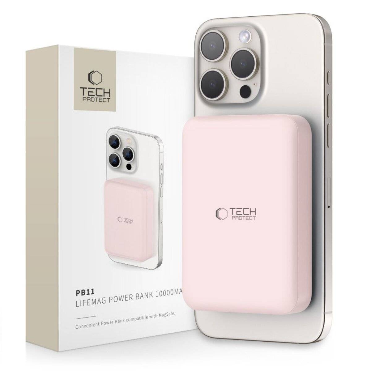 Ein weißes Smartphone mit einer rosa Powerbank, die per MagSafe angebracht ist. Die daneben stehende Schachtel zeigt ein Bild des Telefons und der Powerbank.
