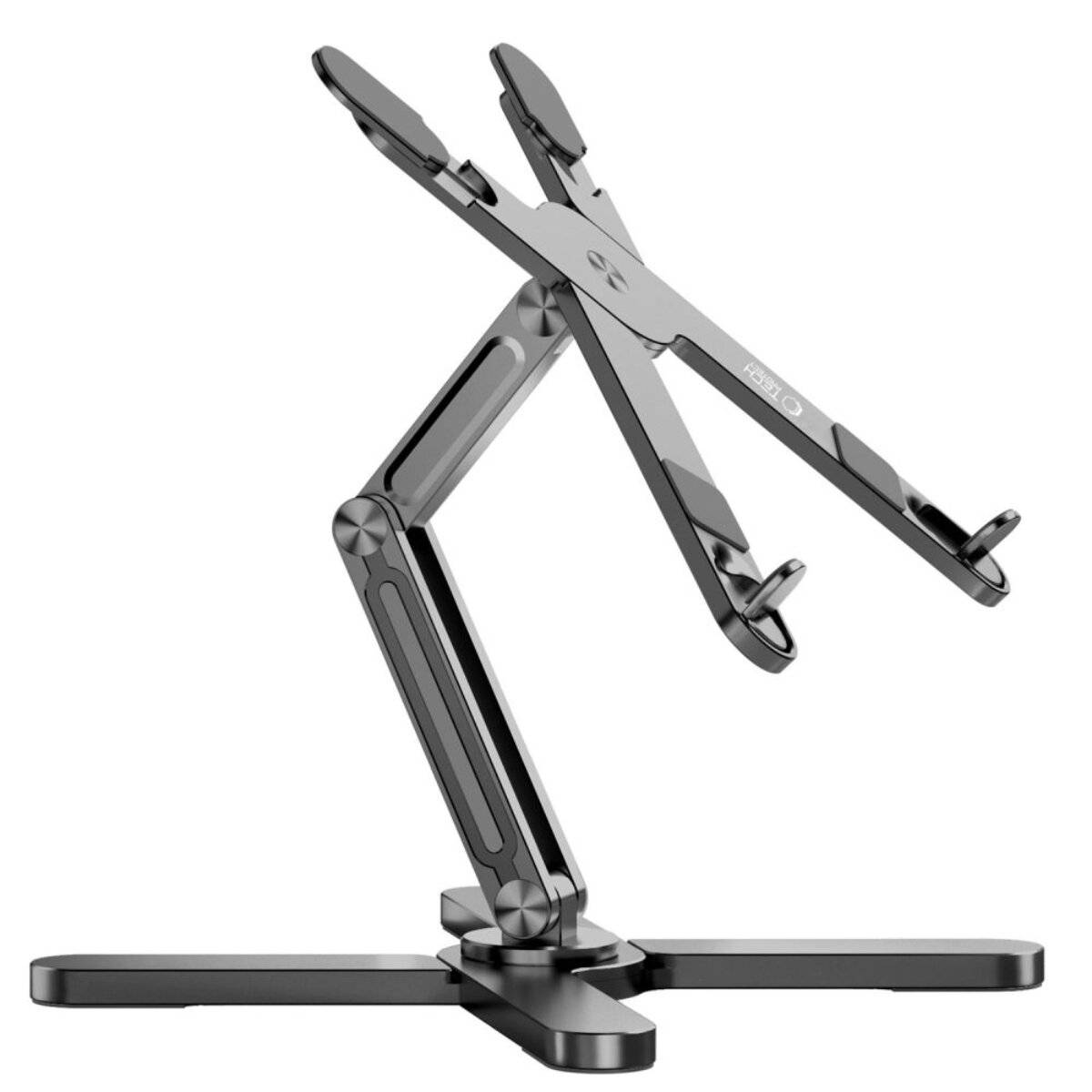 Ein schwarzer verstellbarer Laptop-Ständer mit mehreren Scharnieren, in erhöhter Position für ergonomische Nutzung eingestellt.