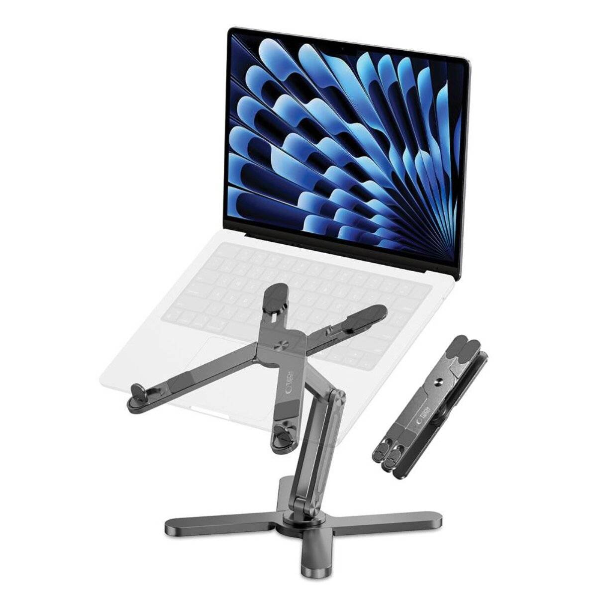 Laptop auf einem Ständer mit verstellbaren Scharnieren neben einer zusammengeklappten Version des Ständers. Das Laptop-Display zeigt ein geometrisches Muster.