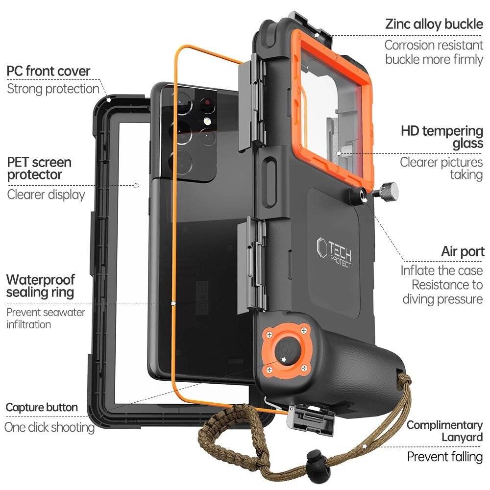 Tech-Protect Waterproof Case wasserdicht IPX8 Smartphones 4,7-6,7″ - Schwarz Orange