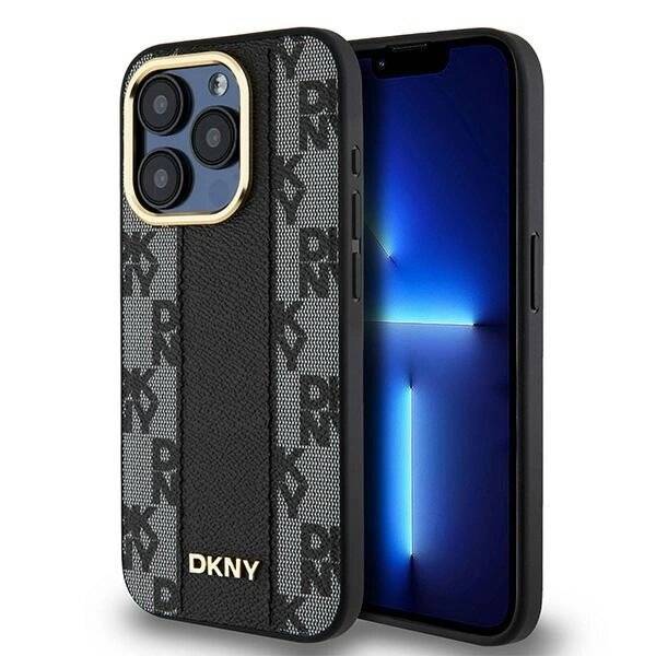 DKNY Leather Checkered Mono Pattern MagSafe-Hülle iPhone 15 Pro – Schwarz