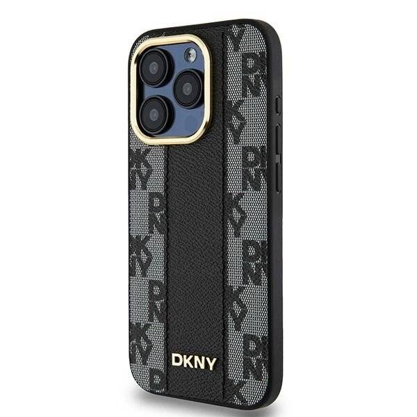 DKNY Leder-MagSafe-Hülle kariertem Monomuster iPhone 15 Pro Max – Schwarz