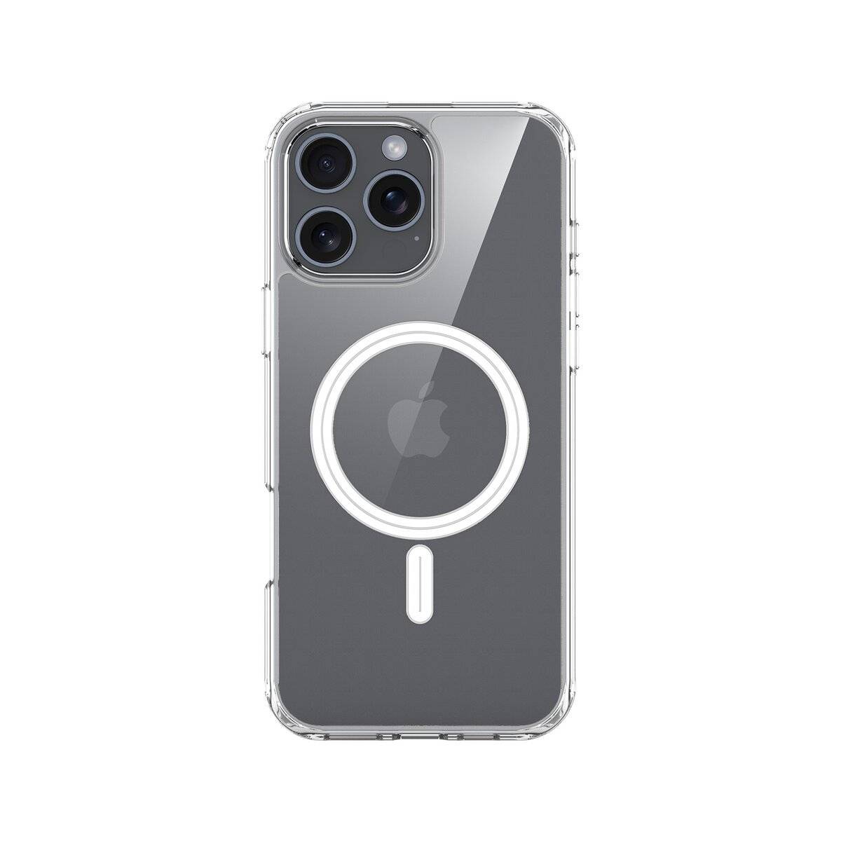 Ein Smartphone in einer transparenten Hülle, das das Apple-Logo und die Kamerlinse anzeigt. Die Hülle hat auf der Rückseite ein kreisförmiges MagSafe-Design.