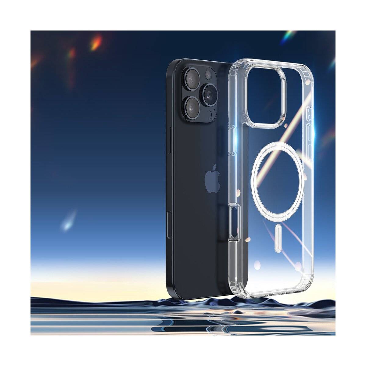 Transparente Handyhülle mit magnetischem Ring steht neben einem schwarzen Smartphone auf einer reflektierenden, wasserähnlichen Oberfläche mit abstrakten Lichteffekten.