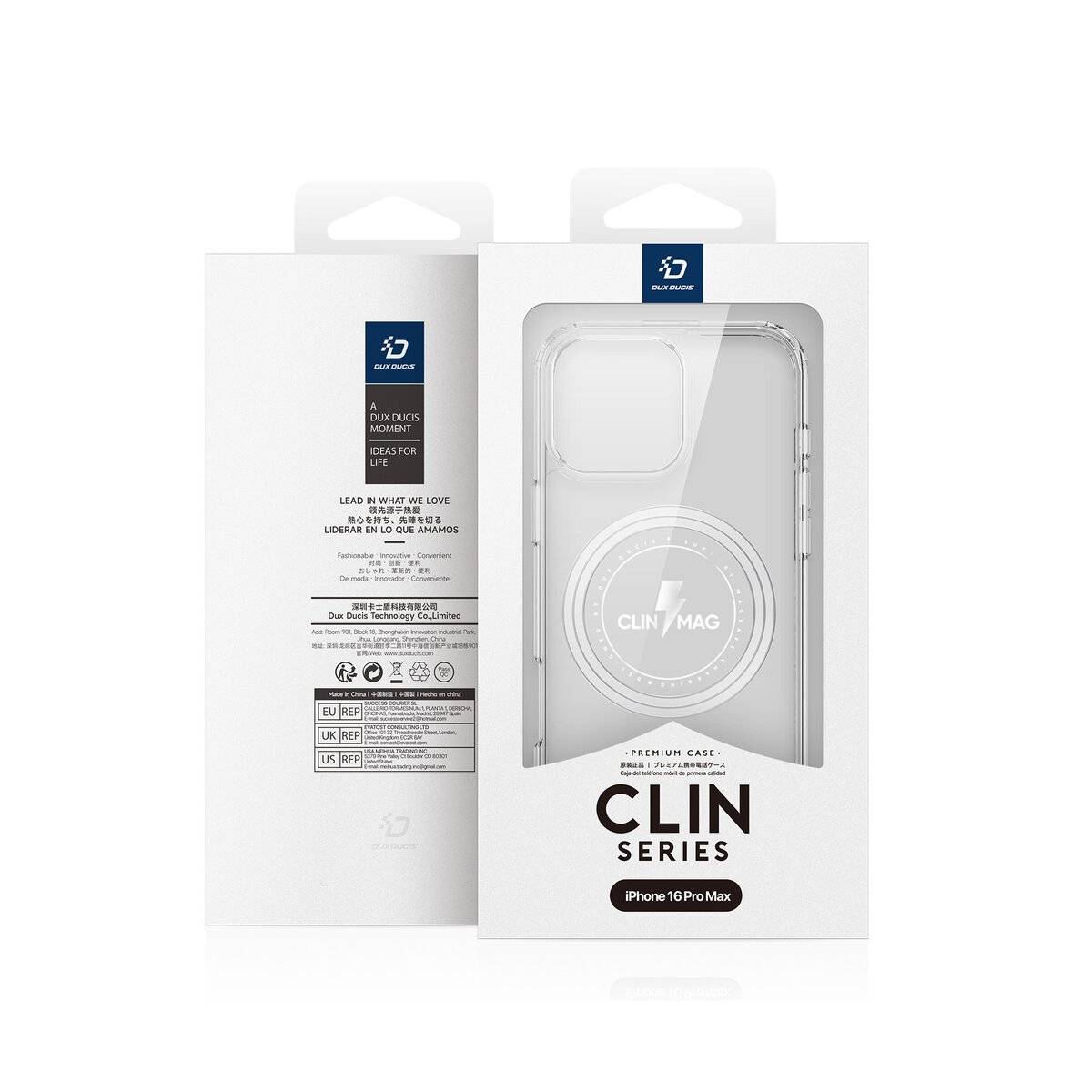 Transparente Handyhüllverpackung für 'iPhone 16 Pro Max', mit einem 'Clin Series'-Etikett und Magnetkompatibilitätssymbol.