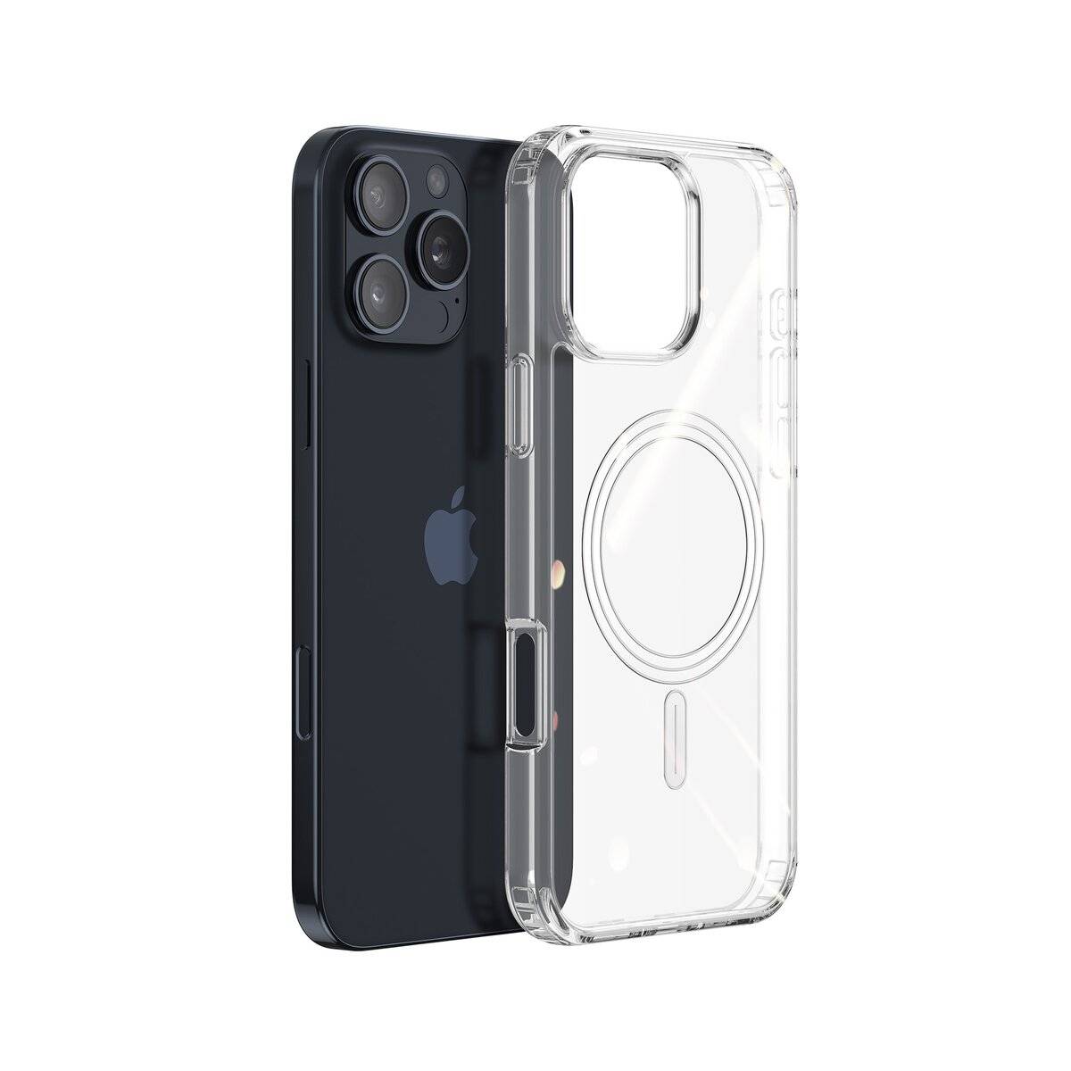 Ein schwarzes Smartphone neben einer durchsichtigen Schutzhülle, die das Rückdesign zeigt, einschließlich Kameraausschnitte und MagSafe-Ring.