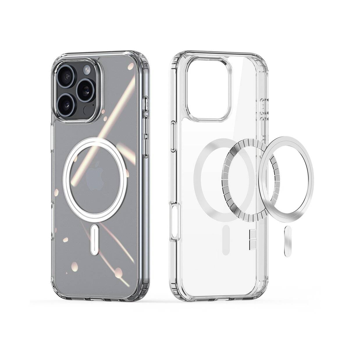 Klare Handyhülle mit MagSafe-Kompatibilität, die ein iPhone mit einem sichtbaren kreisförmigen Magnetbereich auf der Rückseite zeigt.