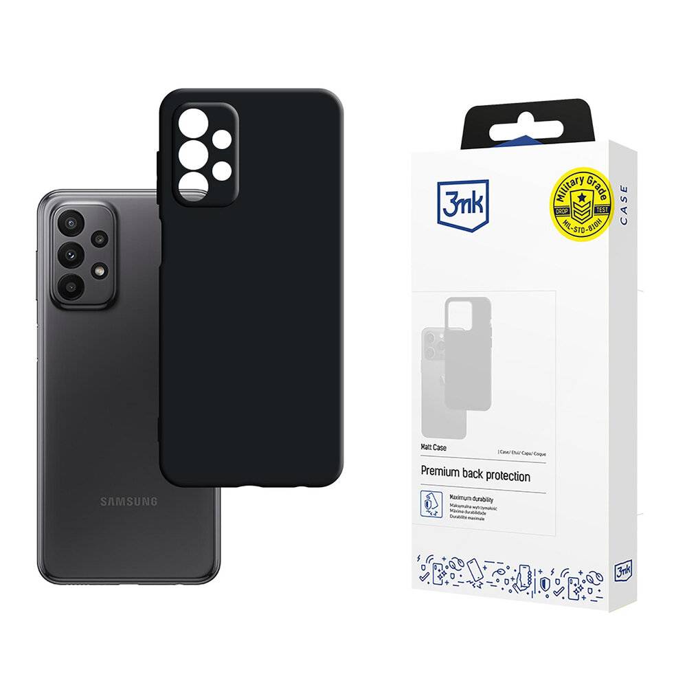 Schwarzes Handyhülle neben einem Samsung-Smartphone und einer Verpackungsschachtel mit der Beschriftung „3mk Premium back protection
