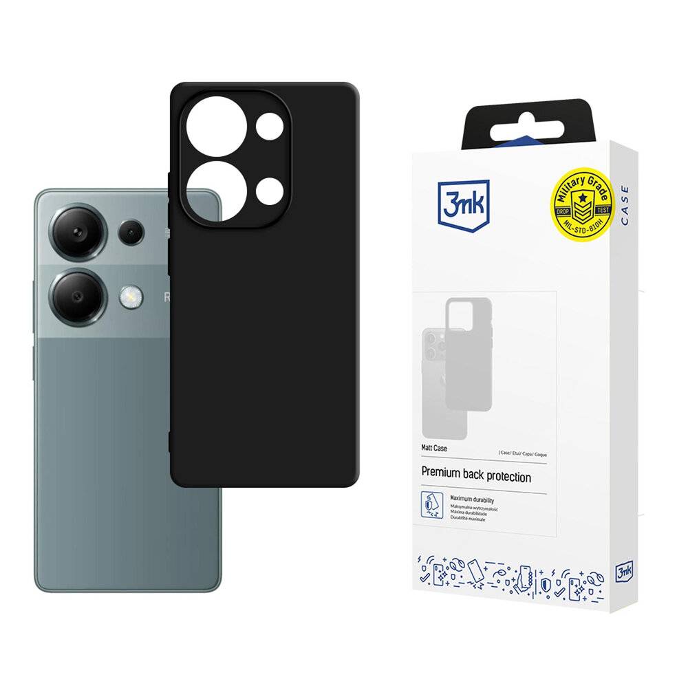 Smartphone mit drei Kameras und grauem Case neben einer schwarzen Handyhülle. Die Produktverpackung mit der Aufschrift '3mk' liest sich wie folgt: 'Premium-Schutz für die Rückseite.