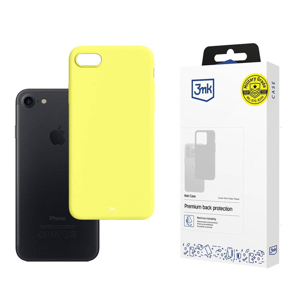Ein schwarzes Smartphone neben einer leuchtend gelben Schutzhülle. Rechts daneben die Verpackung mit der Aufschrift „3mk Premium back protection