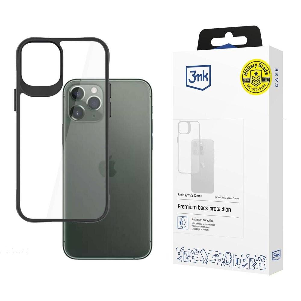 Schutzhülle mit Verpackung; passt zu einem Smartphone mit rückwärtigen Kameras. Der Text lautet: „Satin Armor Case. Premium-Rückenschutz. 3mk.