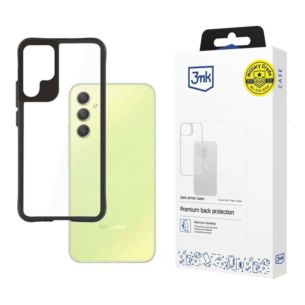 Telefongehäuseverpackung zeigt ein transparentes Satin Armor Case neben einem gelben Smartphone und hebt den hochwertigen Rückenschutz hervor.