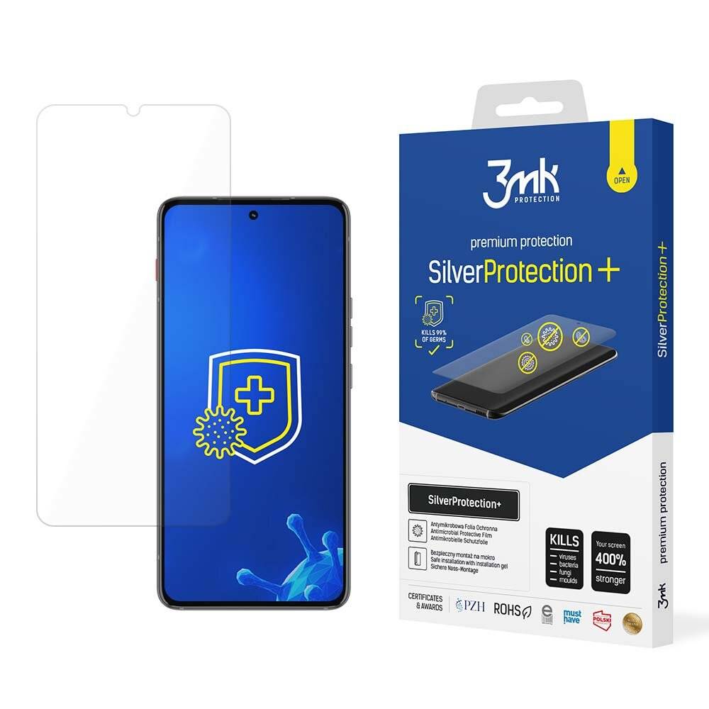 Ein Smartphone mit aufgebrachtem Displayschutz, mit einem Schutzschild-Symbol. Daneben zeigt die Verpackung die Marke „3mk SilverProtection+