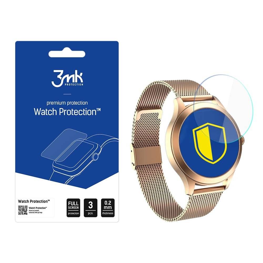 Paket mit 3mk Watch Protection und eine Smartwatch mit blauem Displayschutz, die ein gelbes Schildemblem aufweist.