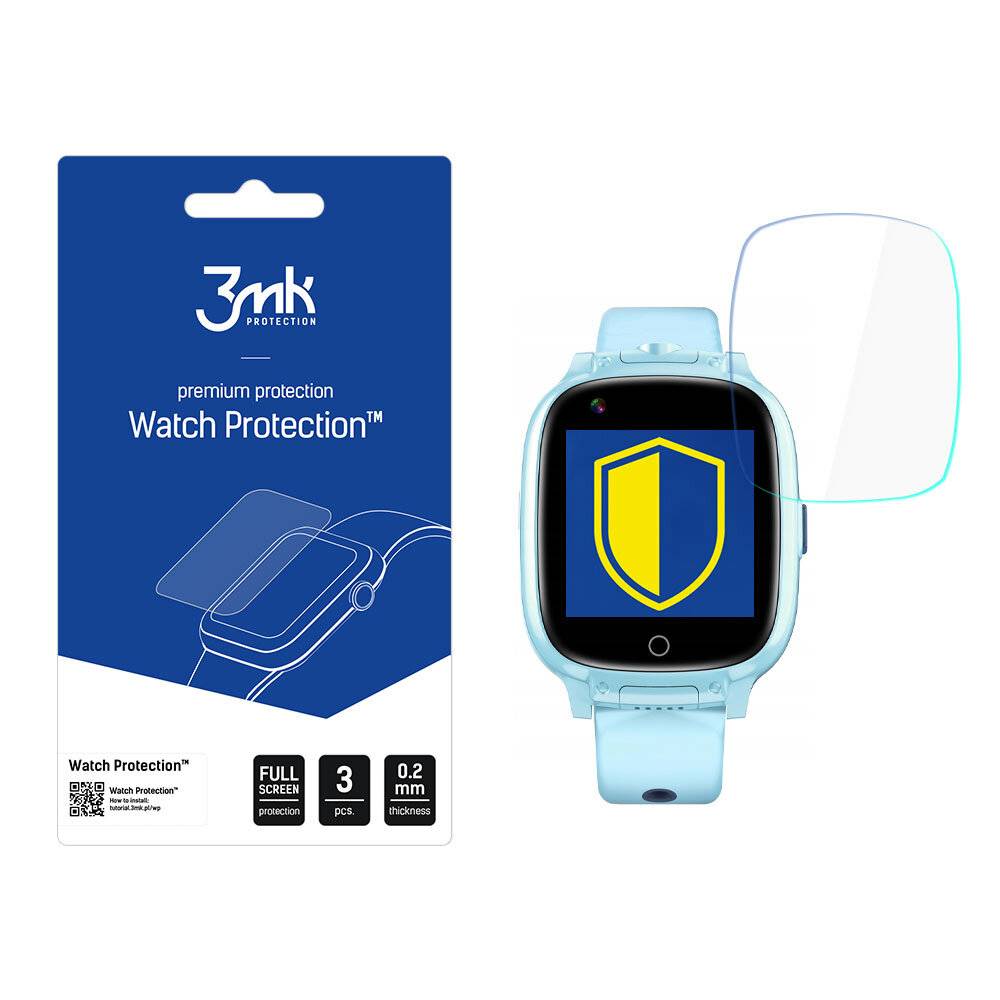 Eine Smartwatch mit blauem Armband zeigt ein gelbes Schildsymbol an. Daneben eine Verpackung mit der Aufschrift „premium protection Watch Protection™