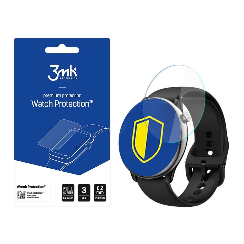 3mk Protection' Displayschutzfolie für Smartwatch neben einer Smartwatch mit einem blau-gelben Schild-Symbol auf dem Bildschirm.