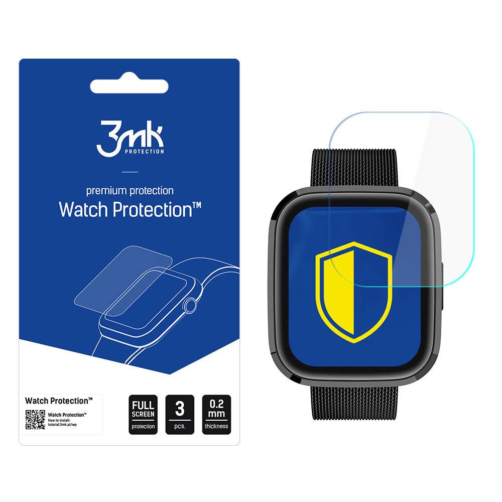 Blaue Verpackung neben einer Smartwatch-Displayschutzfolie. Der Text lautet „3mk premium protection Watch Protection™