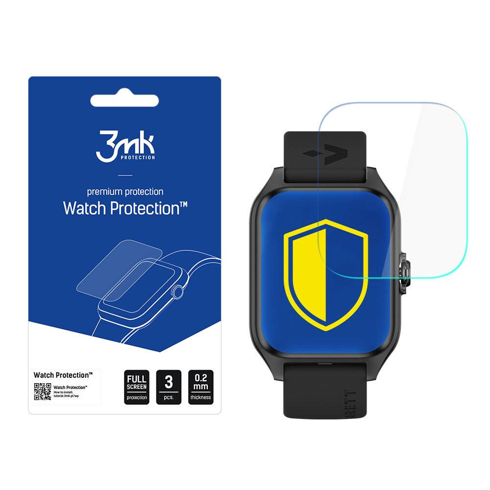 Eine Smartwatch mit angebrachtem Schutzfilm neben einer blauen Schachtel mit der Aufschrift „3mk Protection Watch Protection