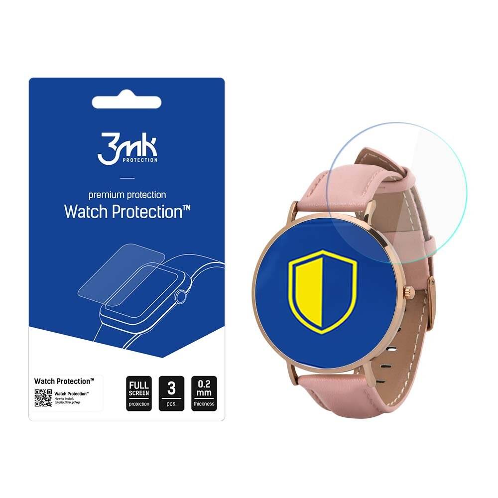 Eine Smartwatch mit einer Displayschutzfolie auf ihrem Bildschirm, neben einer Verpackung mit der Aufschrift „3Mk Protection