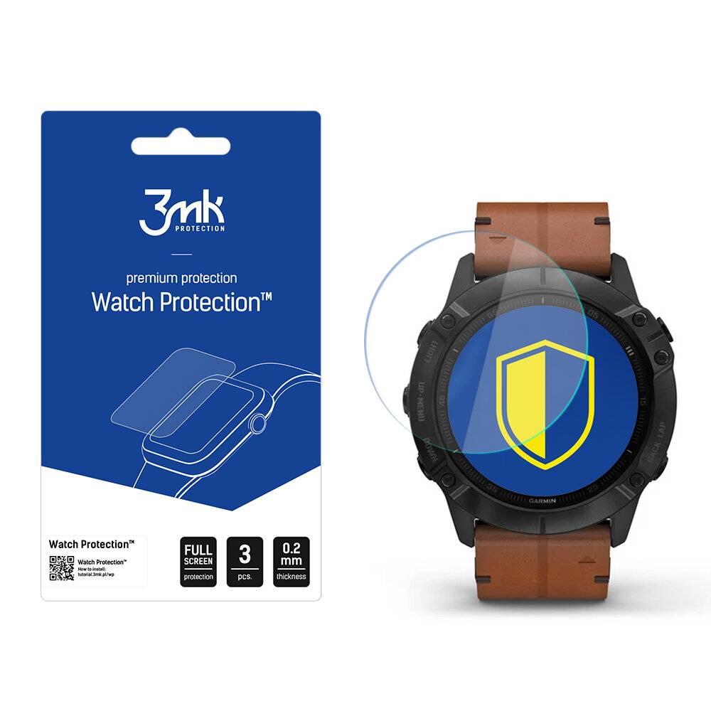 3mk Protection' Displayschutzfolie für Uhren auf ihrer Verpackung und eine Smartwatch mit einem Schildsymbol, das den Schutz symbolisiert.