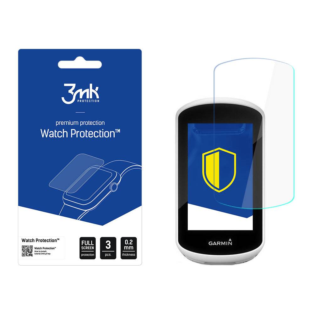 3mk Protection Watch Protection' Verpackung und ein Garmin-Uhren-Display mit einer Schutzschild-Illustration.