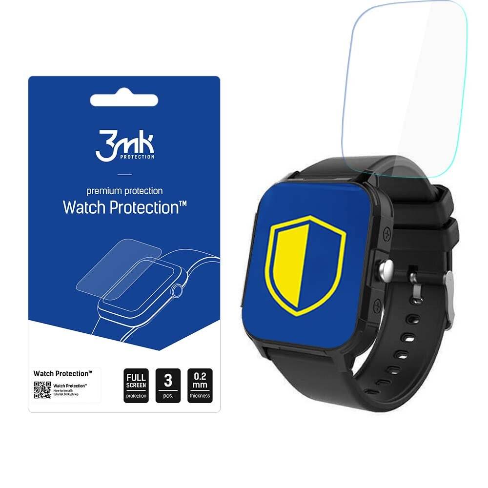 3mk Watch Protection' Paket neben einer Smartwatch mit einer Schutzabdeckung mit blau-gelbem Schilddesign.