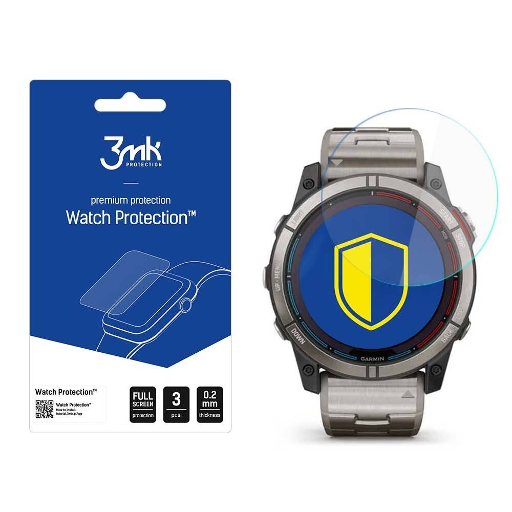 3mk Premium Protection Watch Protection'-Verpackung und eine Uhr mit einer Schutzfolie auf dem Bildschirm, die die Haltbarkeit unterstreicht.