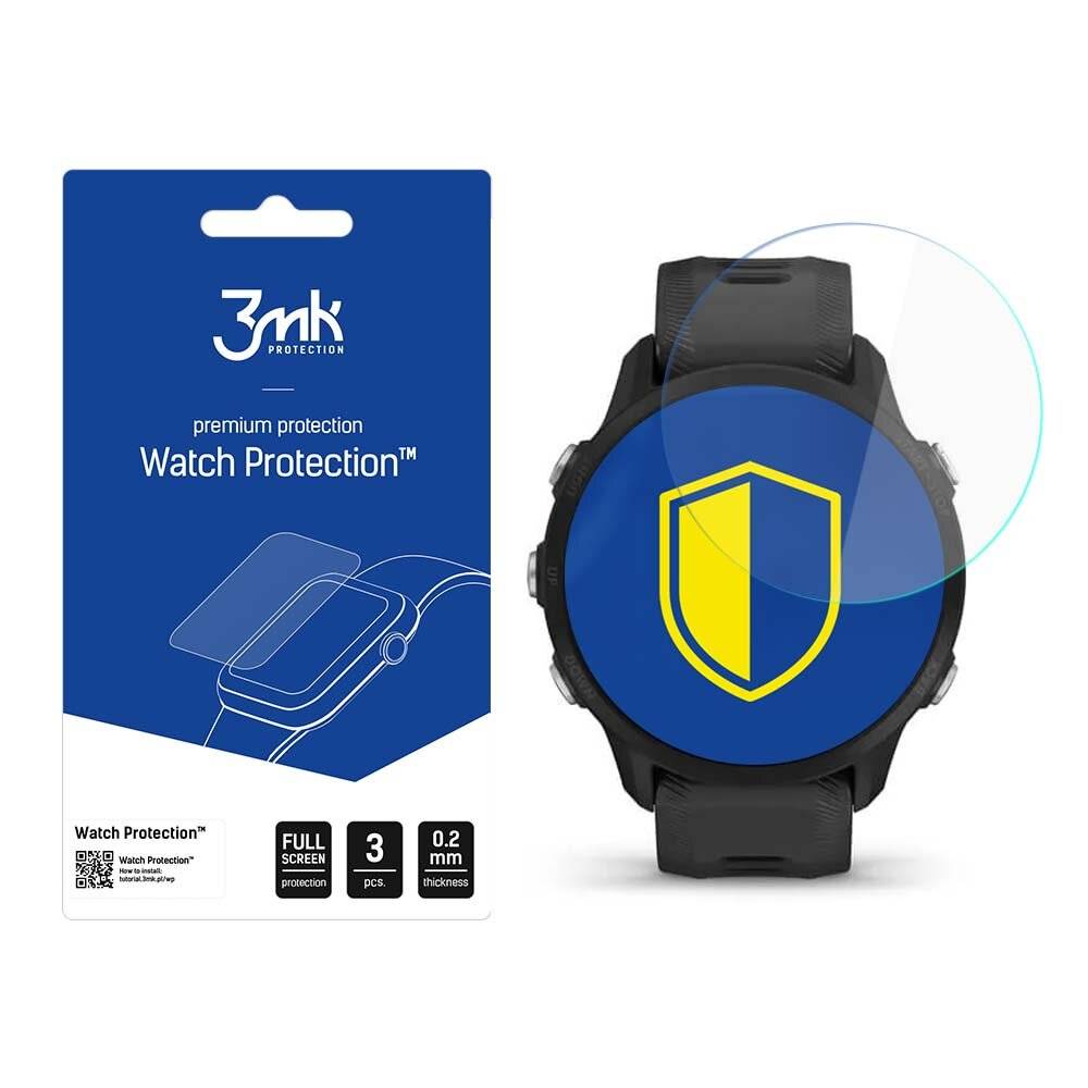 Verpackung für '3mk Watch Protection' mit einer kreisförmigen Displayschutzfolie für Smartwatches. Die Schutzfolie zeigt ein blau-gelbes Schild-Symbol.