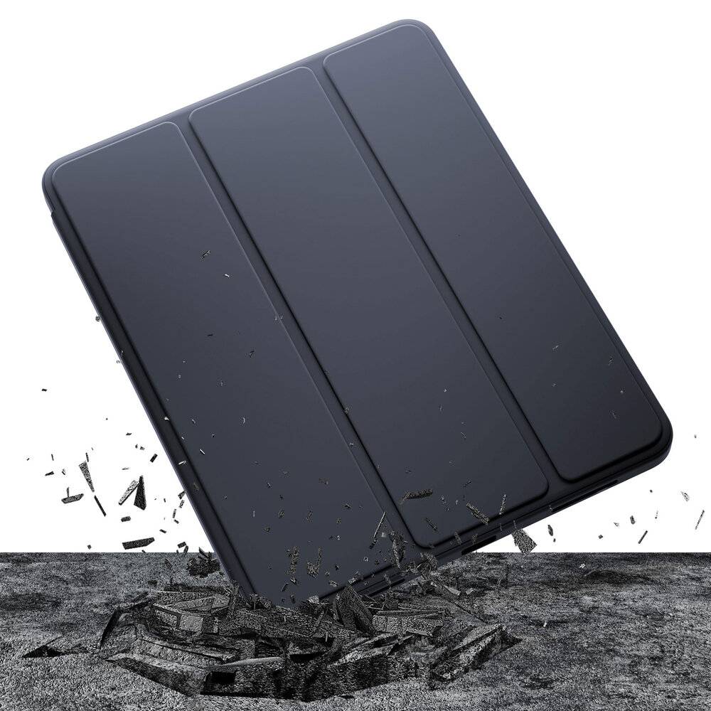 Ein schwarzes Tablet-Etui scheint auf den Boden zu krachen, wobei Trümmer entstehen und ein visueller Aufpralleffekt auftritt, der Langlebigkeit und Schutz andeutet.