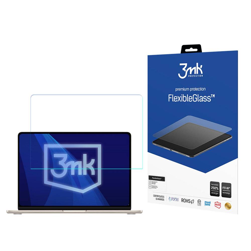 3mk FlexibleGlass' Displayschutzfolie neben einem Laptop, auf dessen Bildschirm das 3mk-Logo angezeigt wird, was auf ein Markenenschutzprodukt hinweist.