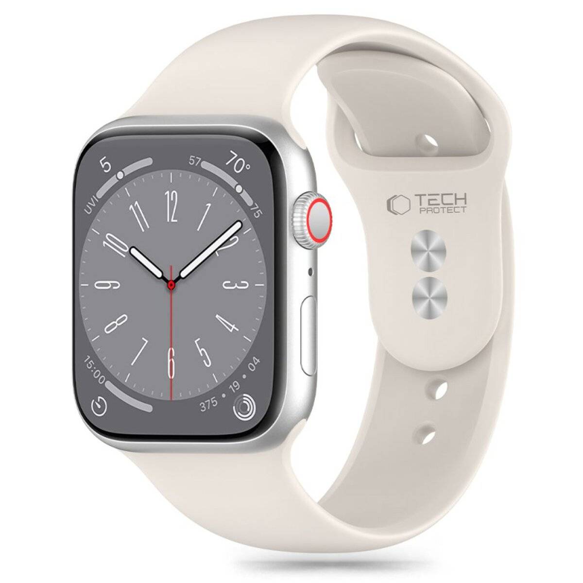 Eine silberne intelligente Uhr mit weißem Armband, die ein analoges Zifferblatt anzeigt. Die Uhrzeit zeigt zehn Minuten nach zehn, mit Fitness-Symbolen um die Kante herum.