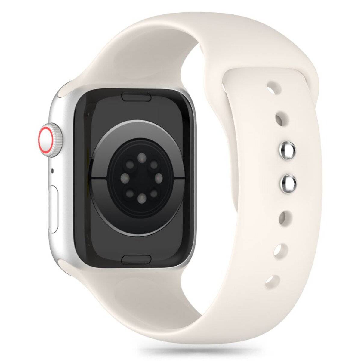 Eine Smartwatch mit silbernem Gehäuse und weißem Armband, die ihre Unterseite mit einem Sensor zeigt.