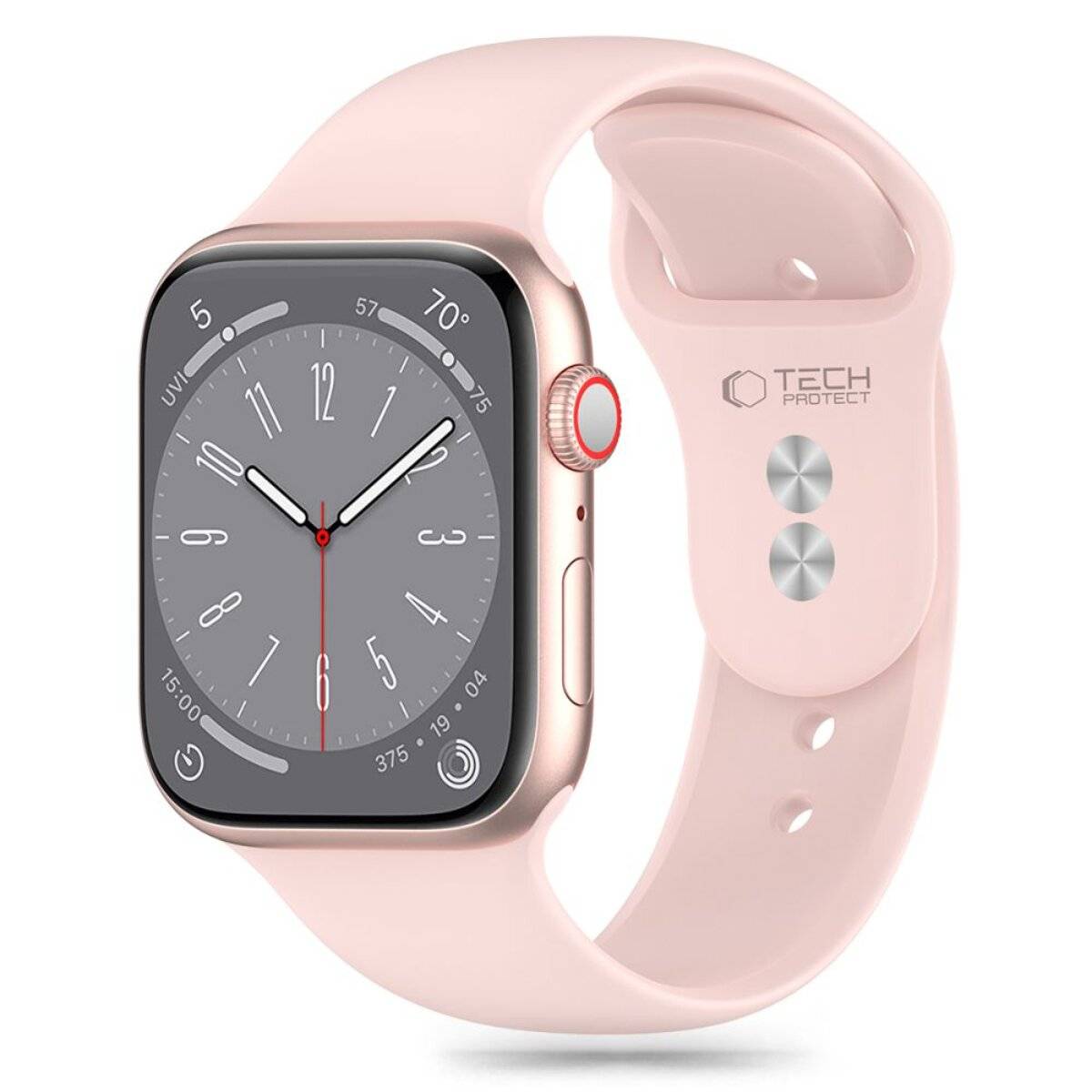 Eine rosa Smartwatch zeigt ein Analogzifferblatt mit der Uhrzeit 10:10 an. Die Uhr hat eine Rosegold-Lünette und ein passendes rosa Armband.