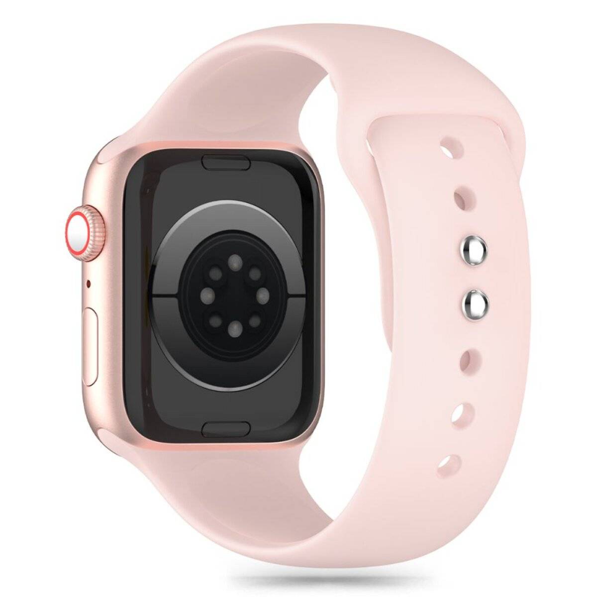 Eine Roségold-Smartwatch mit rosafarbenem Armband, ausgestattet mit einem rechteckigen Touchscreen und einer digitalen Krone an der Seite.