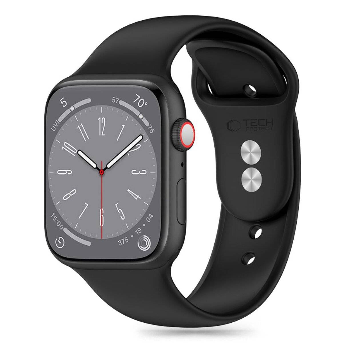 Eine Smartwatch mit schwarzem Armband zeigt ein analoges Zifferblatt mit roten Akzenten an, das die Uhrzeit '10:09' anzeigt. Die Seitentaste ist rot hervorgehoben.