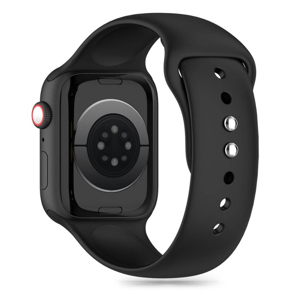 Eine schwarze Smartwatch mit einem kreisförmigen Sensor auf der Rückseite, mit einem eleganten schwarzen Armband und einer rot akzentuierten Krone auf der Seite.