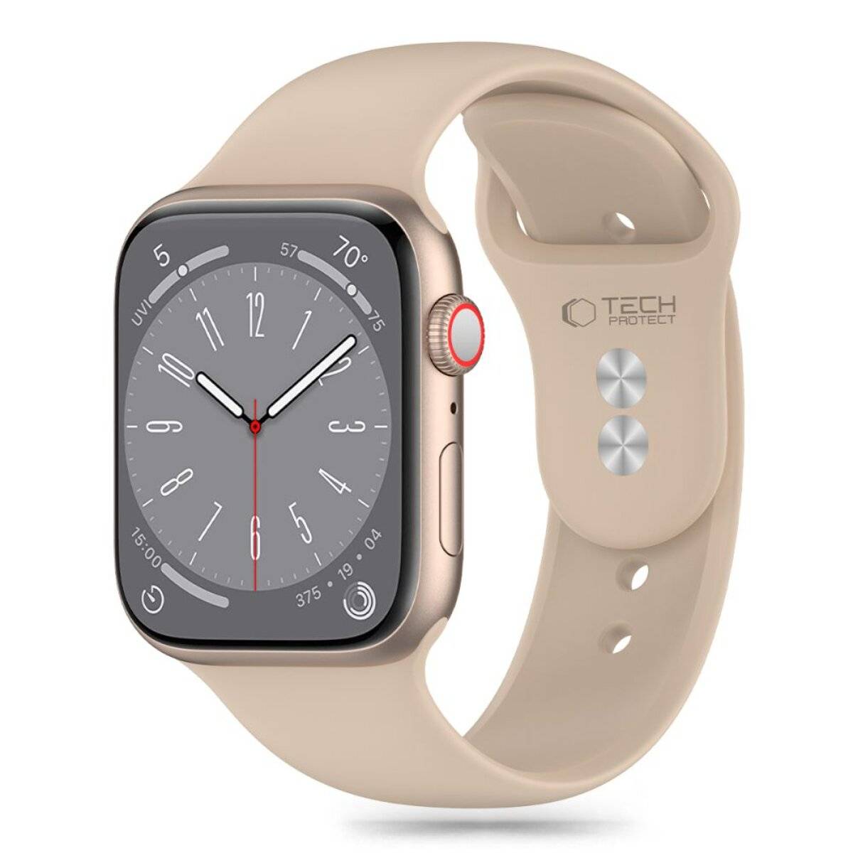 Eine beige Smartwatch mit rundem silbernem Zifferblatt zeigt eine Analoguhr mit roter Sekundenzeiger an. Die Marke 