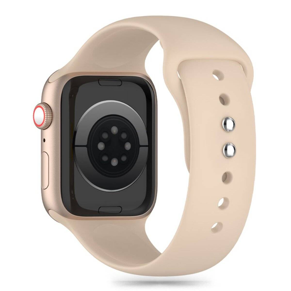 Eine Smartwatch mit einem beigen Armband wird gezeigt, wobei ihre Unterseite mit sichtbaren Sensoren dargestellt ist. Die Uhr hat ein elegantes, modernes Design.